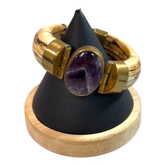 Vtg Carved Bone Boho Brass Wood Bangle Bracelet Large Amethyst Stone Statement - Picture 2 of 10